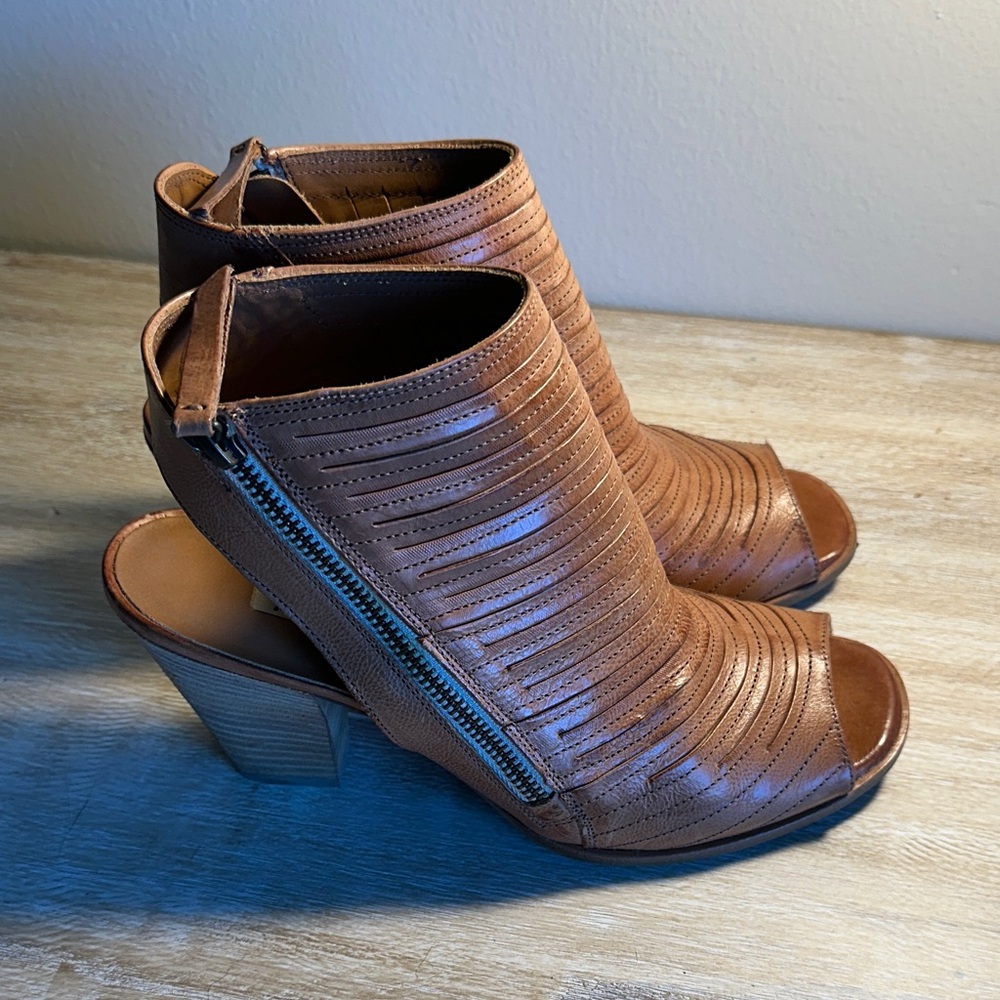 Paul Green Tan Leather Peep-Toe Heeled Booties